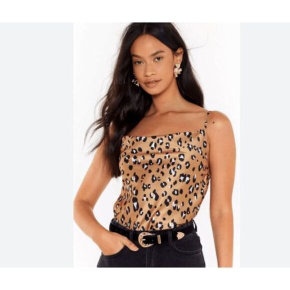 Nasty Gal Leopard Print Satin Cowl Neck Top Adjustable Strap Elastic back Size 0 - Picture 1 of 11